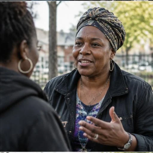 Neighborhood organizer speaking with a neighbor