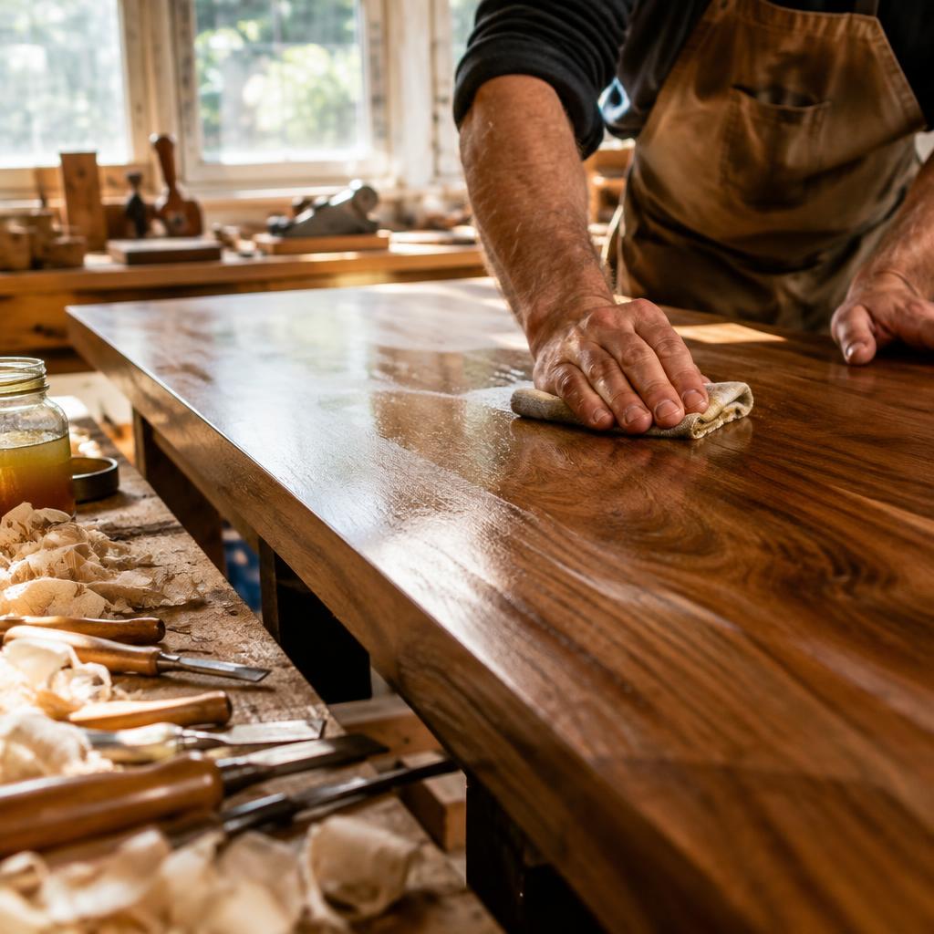Carpenter hand-rubbing oil finish into a walnut table
