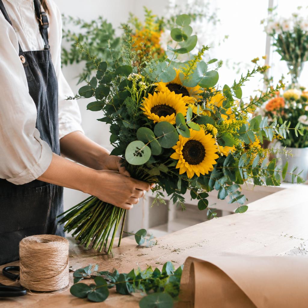 Florist arranging a sunflower bouquet