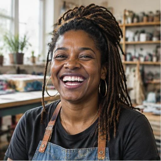 Founder smiling in her workshop